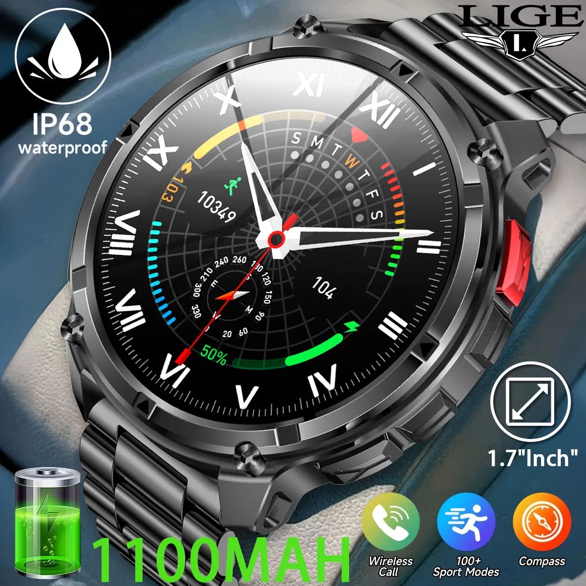 

LIGE Sports Smart Watch Men Outdoor Fitness Tracker 1100mAh Battery LED Flashlight Altimeter Compass Watch Waterproof Smartwatch
