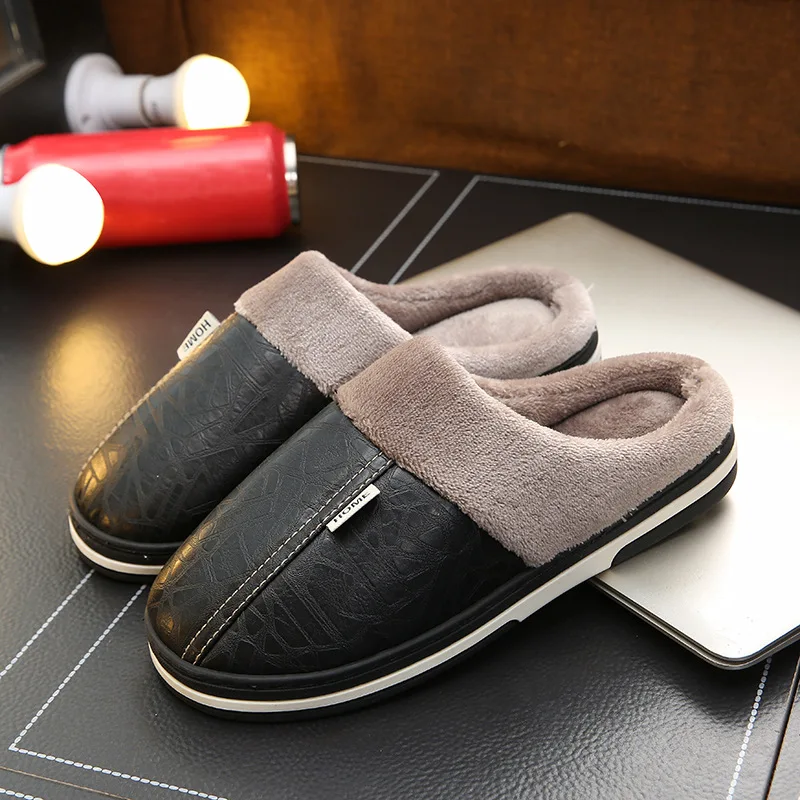 Leather Slippers Men\'s Winter Warm Home Couple\'s Indoor Non-slip Cotton Slippers Women\'s Pu Leather Waterproof Thick Slippers