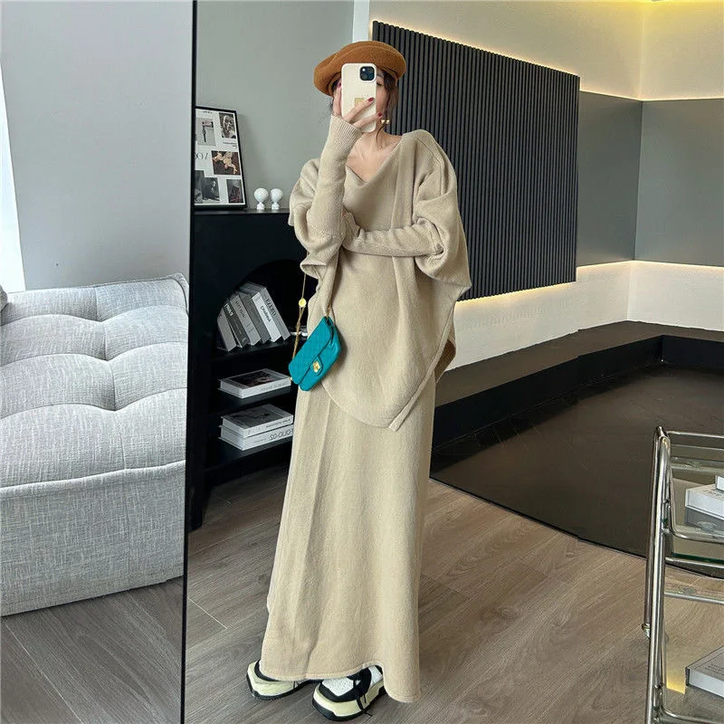 

Two Pieces Women Knitted Dress Set Solid Skirt Sets Irregular Pullover Sweater Full Lenth Skirts Loose Casual 2025 Autumn Winter