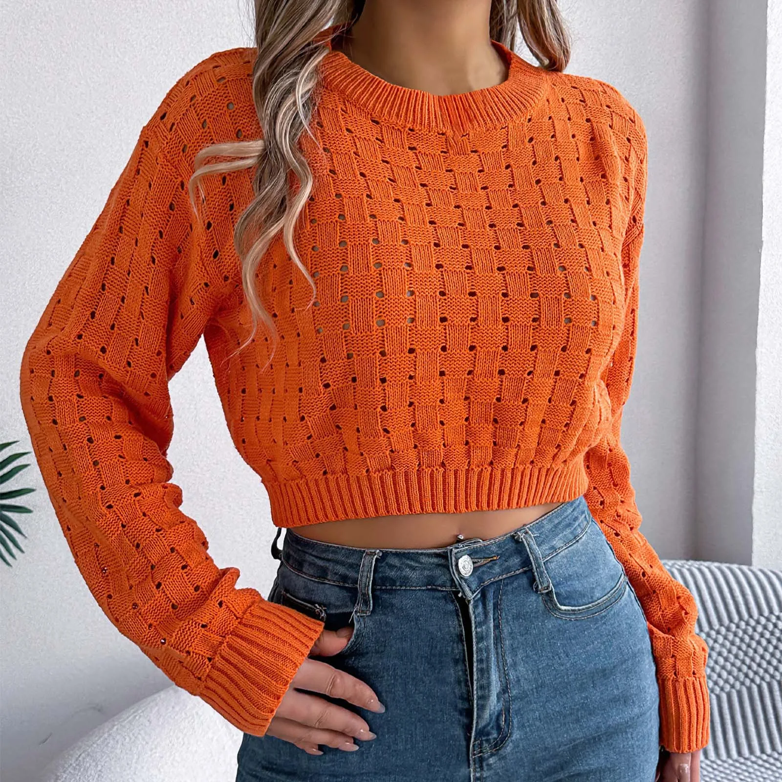 Sexy Cropped Sweater for Women 2024 Sexy Backless Openwork Knitted Long Sleeve Pullover Back Hollow Out Comfy Pullover Sweaters