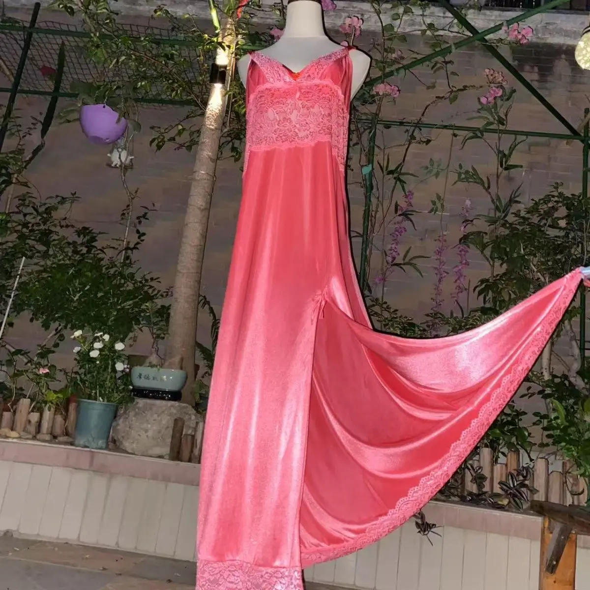 Glossy V Neck Lace Women Satin Loose Maxi Dress Sleeveless Plus Size Sexy Sleeping Robe