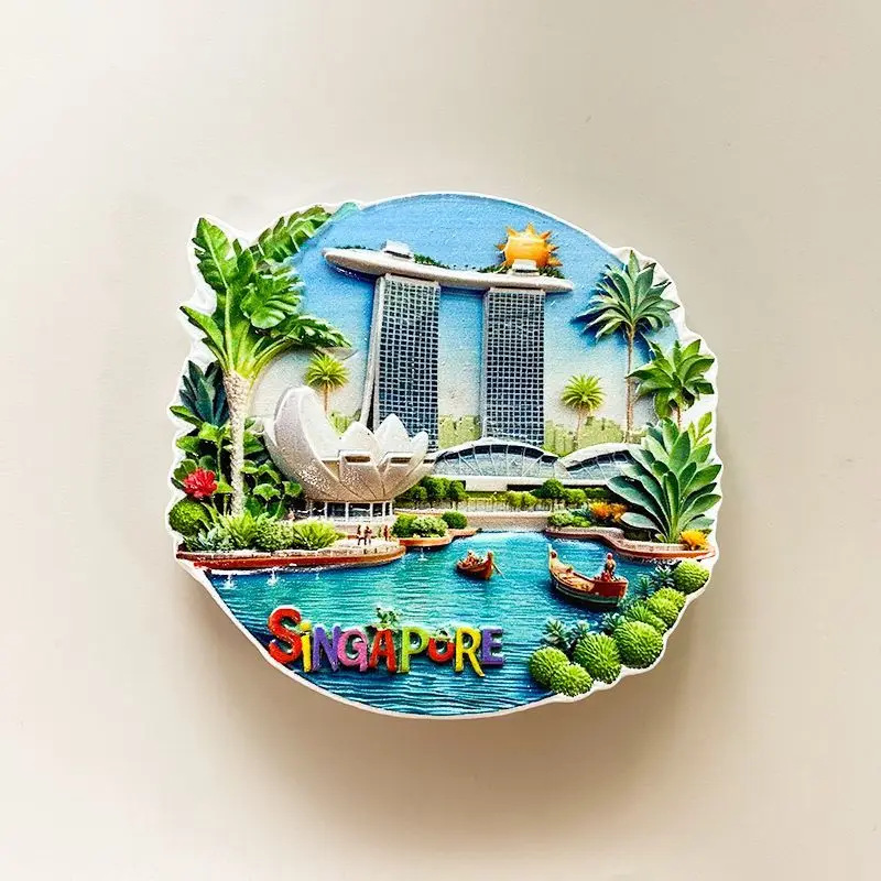 Imán circular para nevera de Singapur, Asia con arena de Marina Bay, Museo ArtScience y paisaje tropical para decoración del hogar