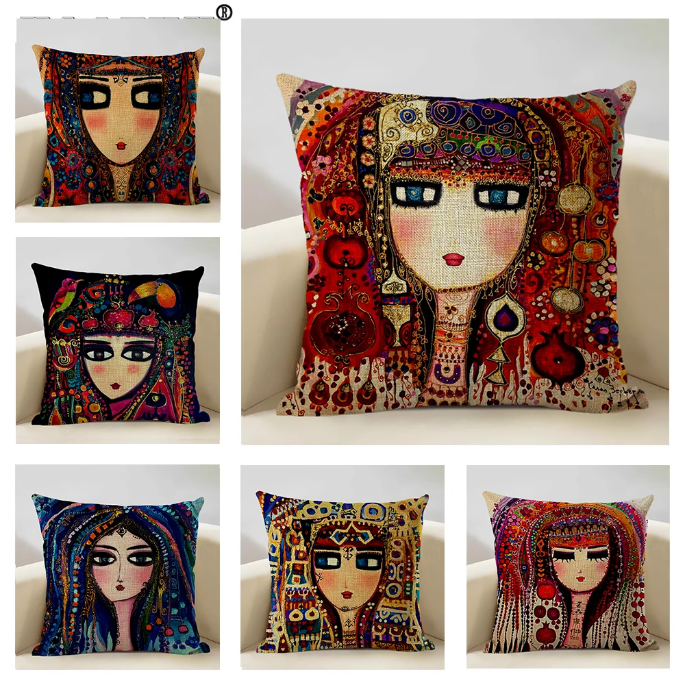 

Lovely Girl Cushion Cover Oil Painting Portrait Home Decoration Pillowcase Living Room Bedroom Sofa Pillow Case 45x45cm Linen