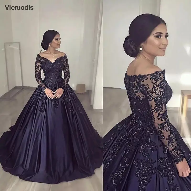 

Navy Blue Quinceanera Dress 2021 Long Sleeve V-Neck Lace Appliques Satin Prom Party Princess Ball Gown Sweet 15 Sweep Train