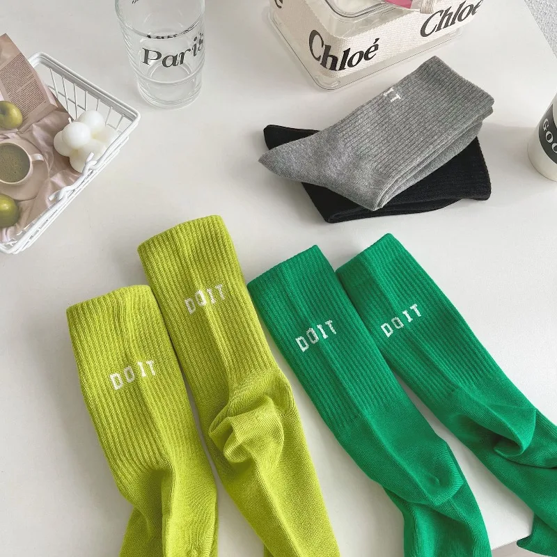 Pink Socks Women's Spring and Autumn Style Mid-tube Socks Ins Outside Wear Cotton Bottoming High Waist Letter Sports Stockings