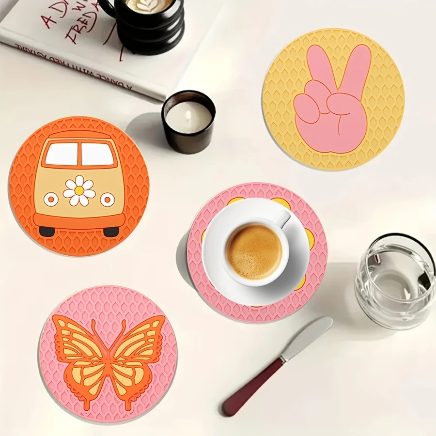 6 pcs 4in Abstract Round Wooden Coasters Heat Resistant Non-slip Drink Cafe Decoration 2D FLat Color Print Orange Coasters Set