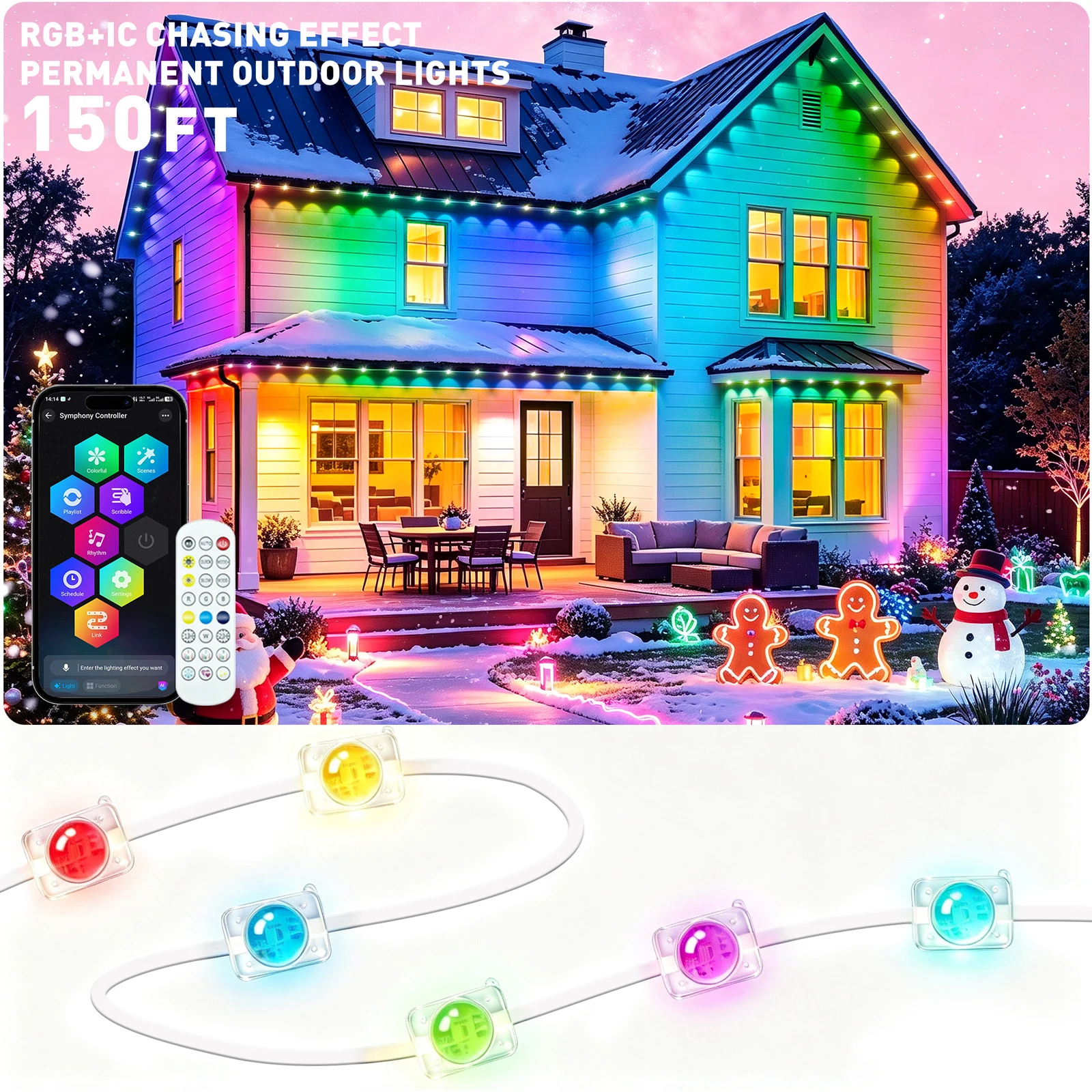 Permanent Outdoor Lights Christmas150ft RGBIC Gradient Eave Lights,Waterproof , With Remote Control Roof Decor String Lights for House Eaves,Party Daily Home Decoration