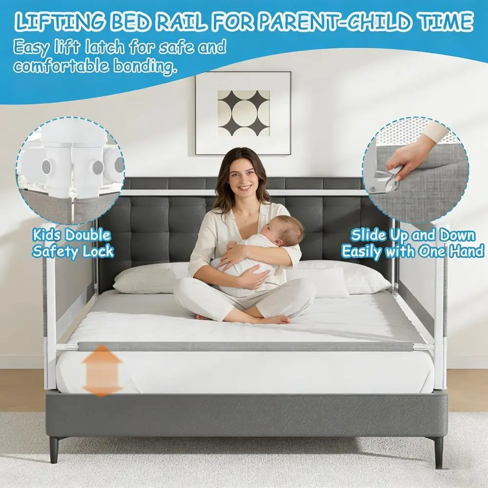 Height Adjustable Toddler Bed Rails for Queen Size Bed - Grey