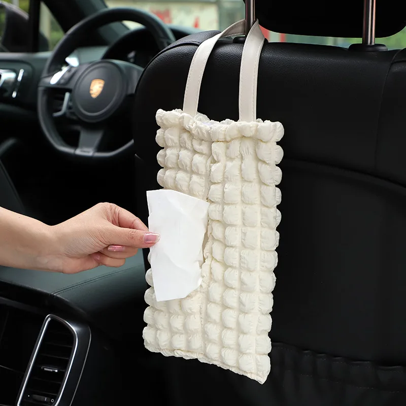 Cute Car Tissue Box with Popcorn Pattern Hanging Car Mountable Drawstring Tissue Holder