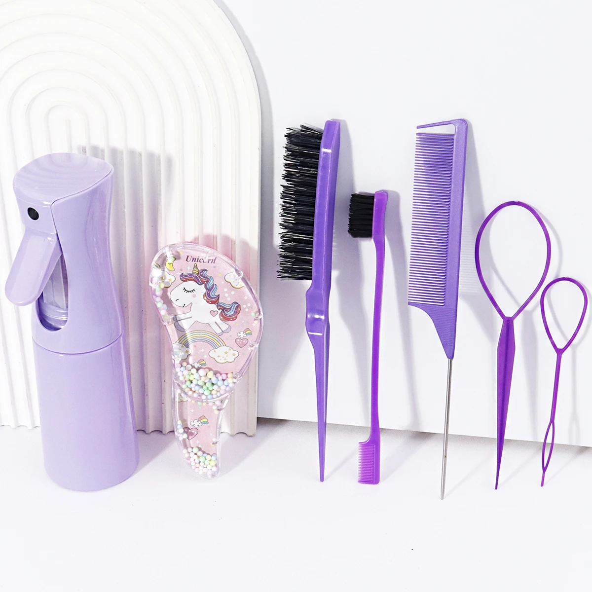 7pcs hair comb sets, hair spray bottles, unicorn pattern combs, hair comb sets, hair editing tools, special for real hair wigs