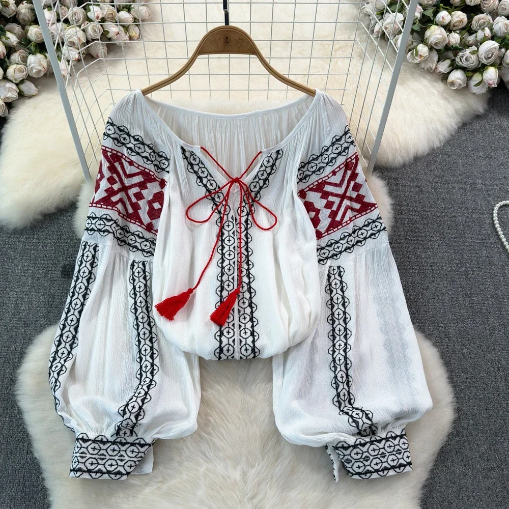 Retro Embroidered Shirt Top Female 2024 Spring Lace Up Tassel Loose Lantern Sleeves Ethnic Style Blouse Female A46