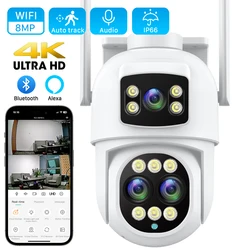 Câmera IP PTZ exterior de tela dupla, rastreamento automático AI, segurança CCTV, vigilância por vídeo, 3 lentes, WiFi, IP, zoom 8X, aplicativo iCSee, 8MP