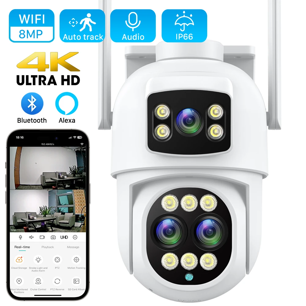 8MP Three Lens WIFI IP Camera Outdoor 8X Zoom Dual Screen PTZ Camera Ai Auto Tracking CCTV Security Video Surveillance iCSee App