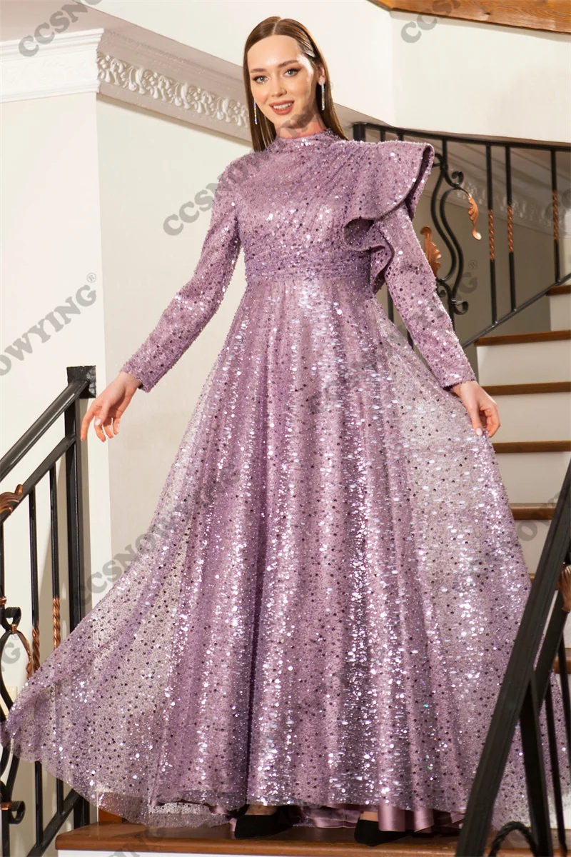 

Sparkly Sequin Hijab Muslim Evening Dresses Long Sleeve High Neck Islamic Formal Party Gown Arabic Dubai Women Robe De Soiree