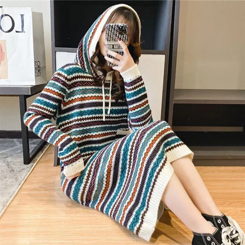 Vintage Folk Striped Knitted Dresses Female Clothing Casual Hooded Autumn Winter Commute Fashion Drawstring Straight Midi Dress