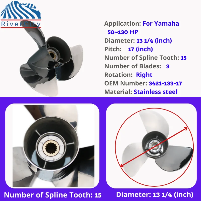 For Yamaha 100hp 115hp 130hp Outboard Propeller 13 1/4x17 Boat Motor Stainless Steel Screw Ship Marine Engine 3 Blade 15 Spline