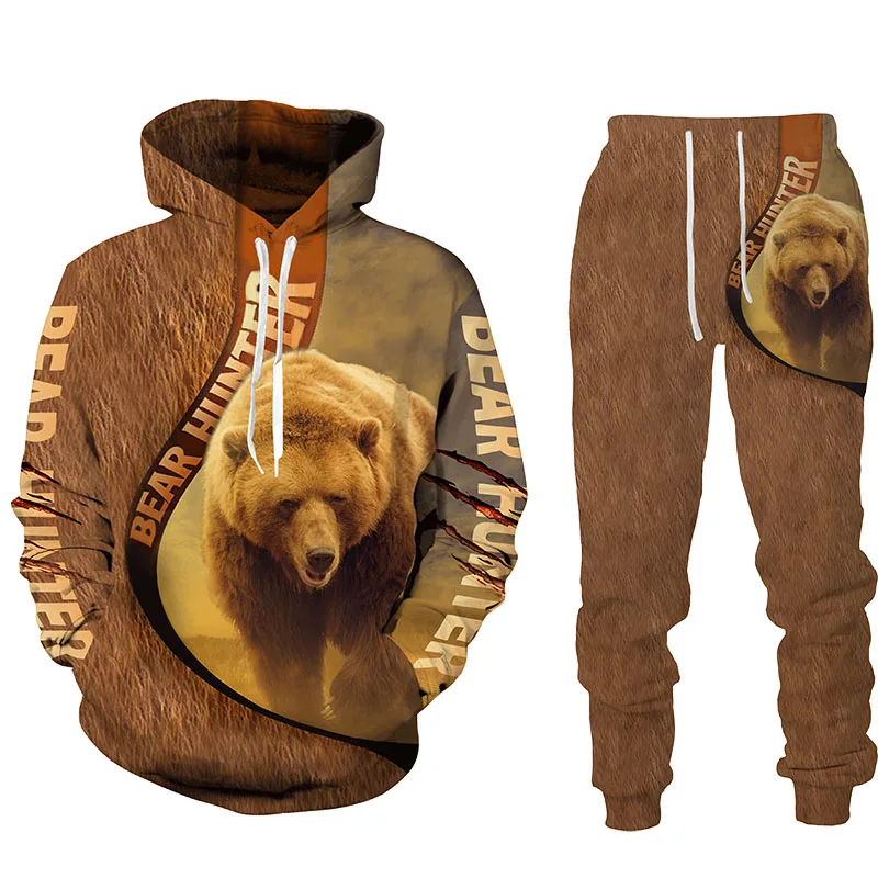 Men’s Hoodies Sets Hunting Bear Bow Hunter Camouflage 3D Printing Hoodies Tracksuit Jogging Pants 2Pcs Sets Clothing Oversize