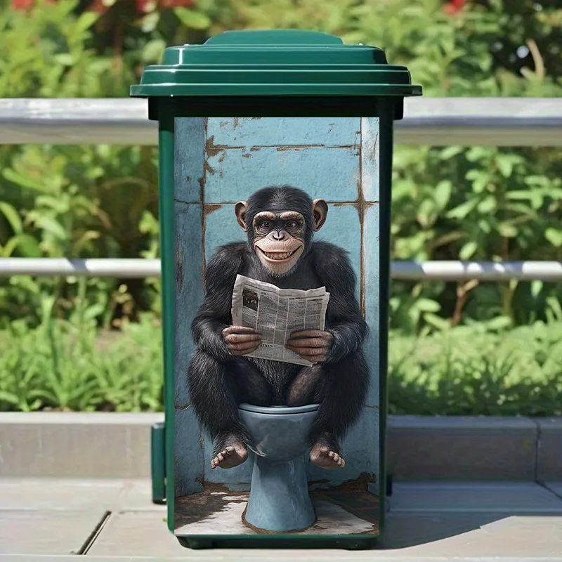 1 Fun Black Monkey Reading Newspaper Trash Can Label, Size 14.58x32.28, PVC Self-adhesive Label, Creative Labe