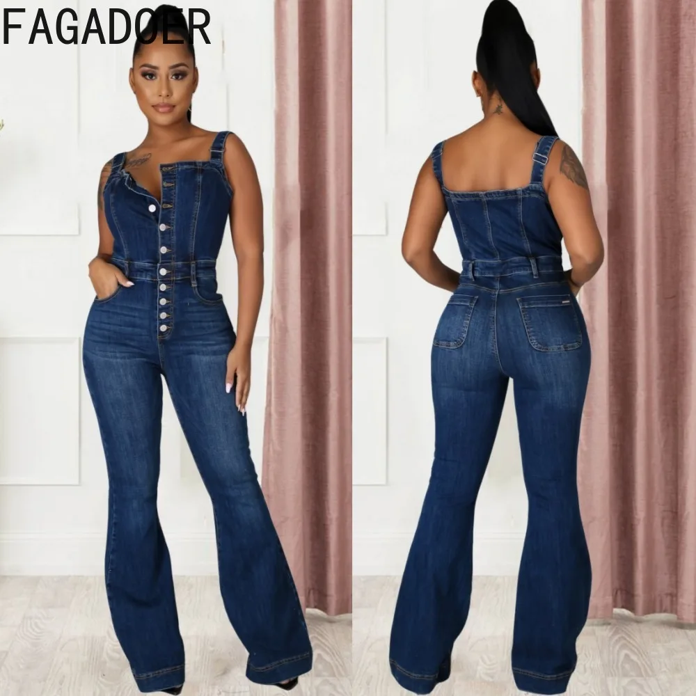 

FAGADOER Vintage Blue Fashion Button Denim Jumpsuits Women Strap Sleeveless Pocket Cowboy Playsuit Female Wide Leg Pants Overall