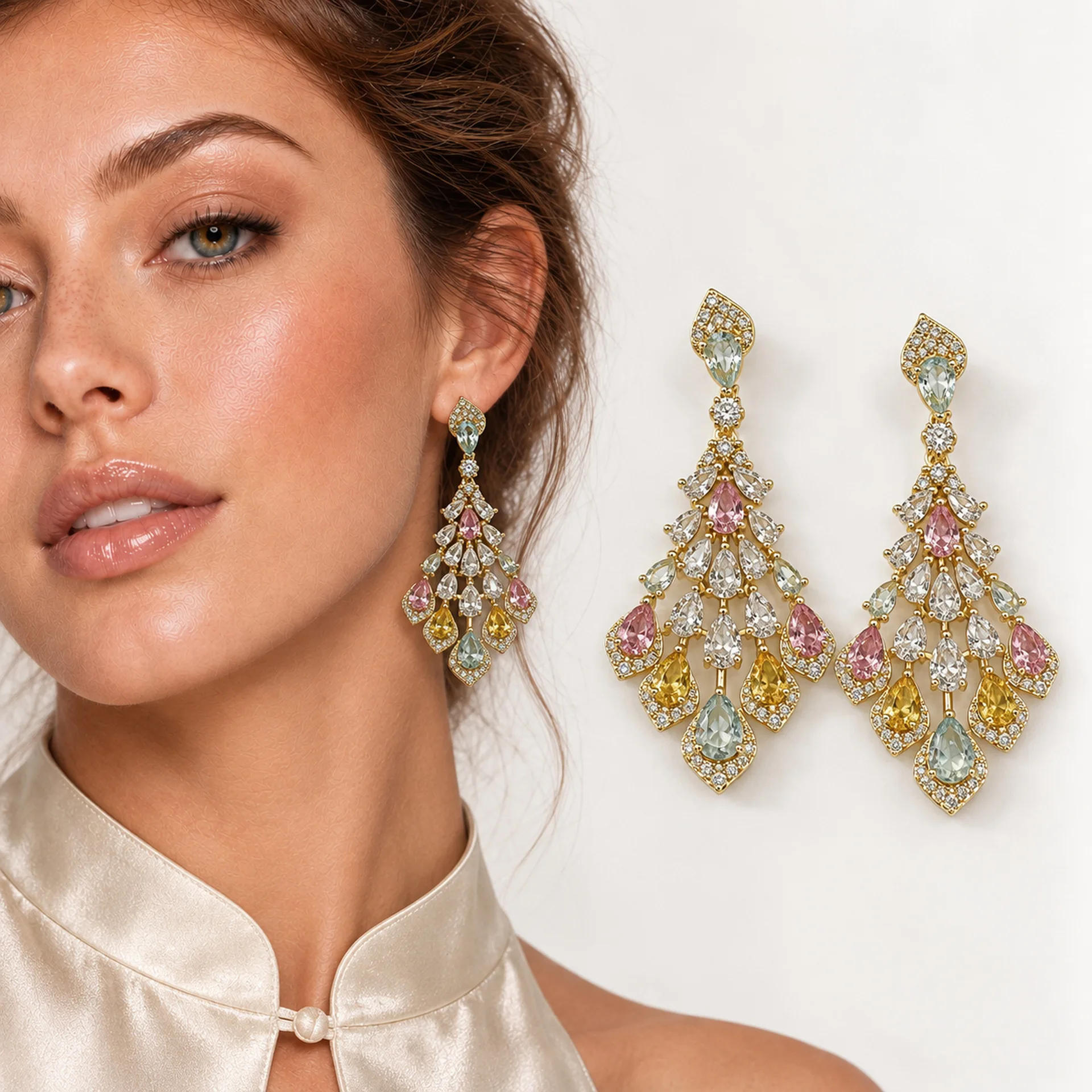 Light Luxury Hollow Colored Gemstone Peacock Feather Long Drop Earrings, Surrounded Paved Zircon Ultra Sparkly Exquisite Women J