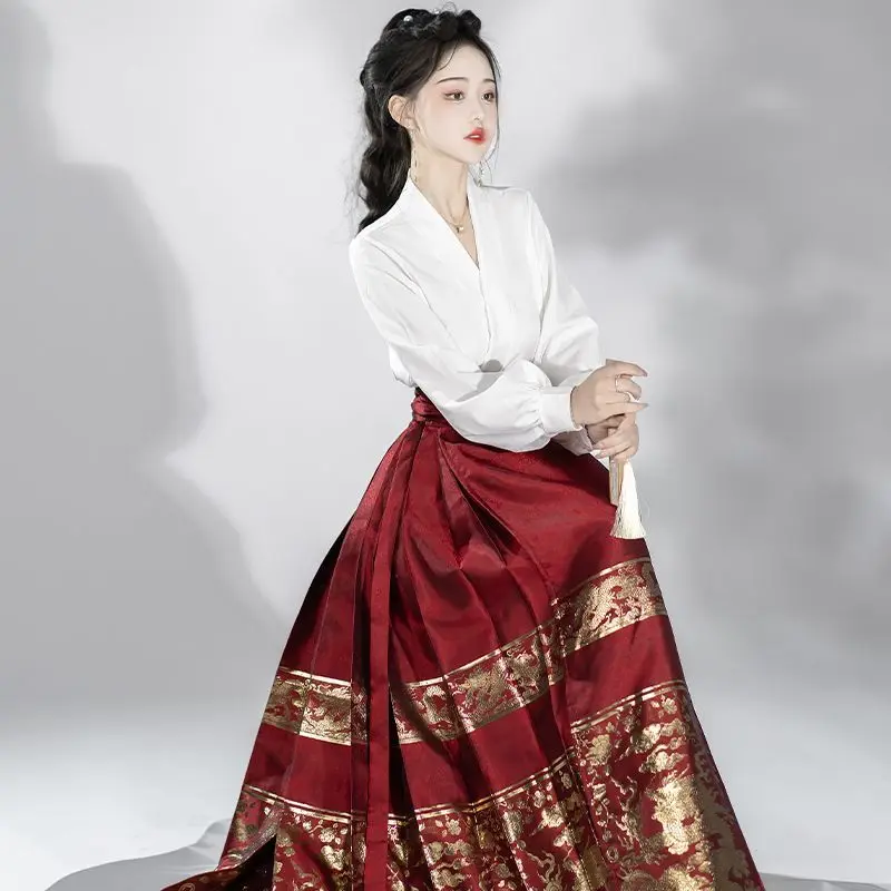 MaMian Qun Ming Dynasty Horse Face Skirt Vintage Chinese Traditional Ancient Hanfu Modern Women's Dress Set Daily Wear