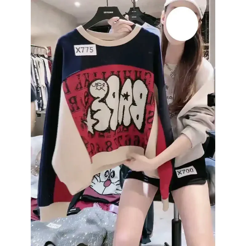 

Американский ретро цветной свитшот с круглым вырезом и буквенным принтом для женщин, осенний топ с плечами, модный пуловер