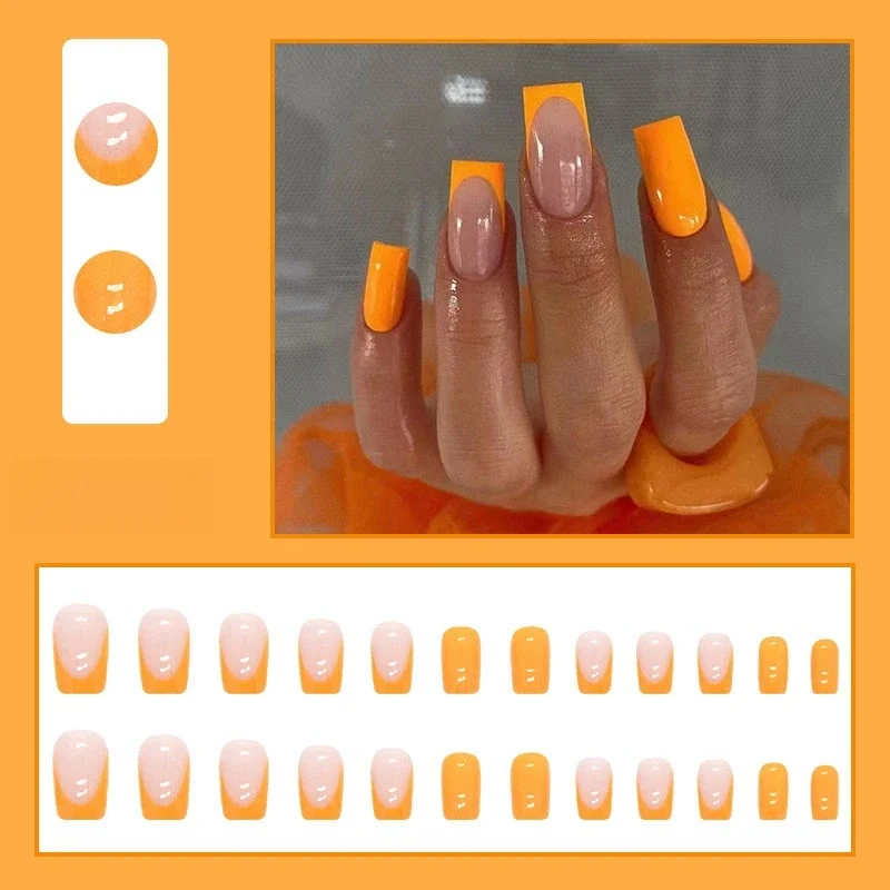 

24Pcs/Set Medium Long Euro Square Wearing False Nails Orange Small Fresh Removable Acrylic Press on Nail French Fake Nail Tips