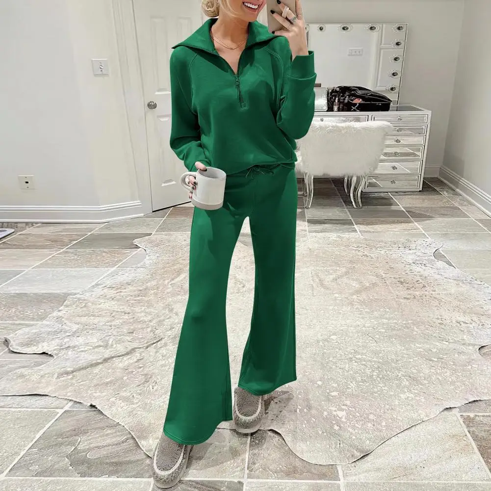 Women Two-piece Suit Stylish Fall Winter Coat Trouser Suit Thick Loose Solid Color Tracksuit Set with Zipper Decor for Women