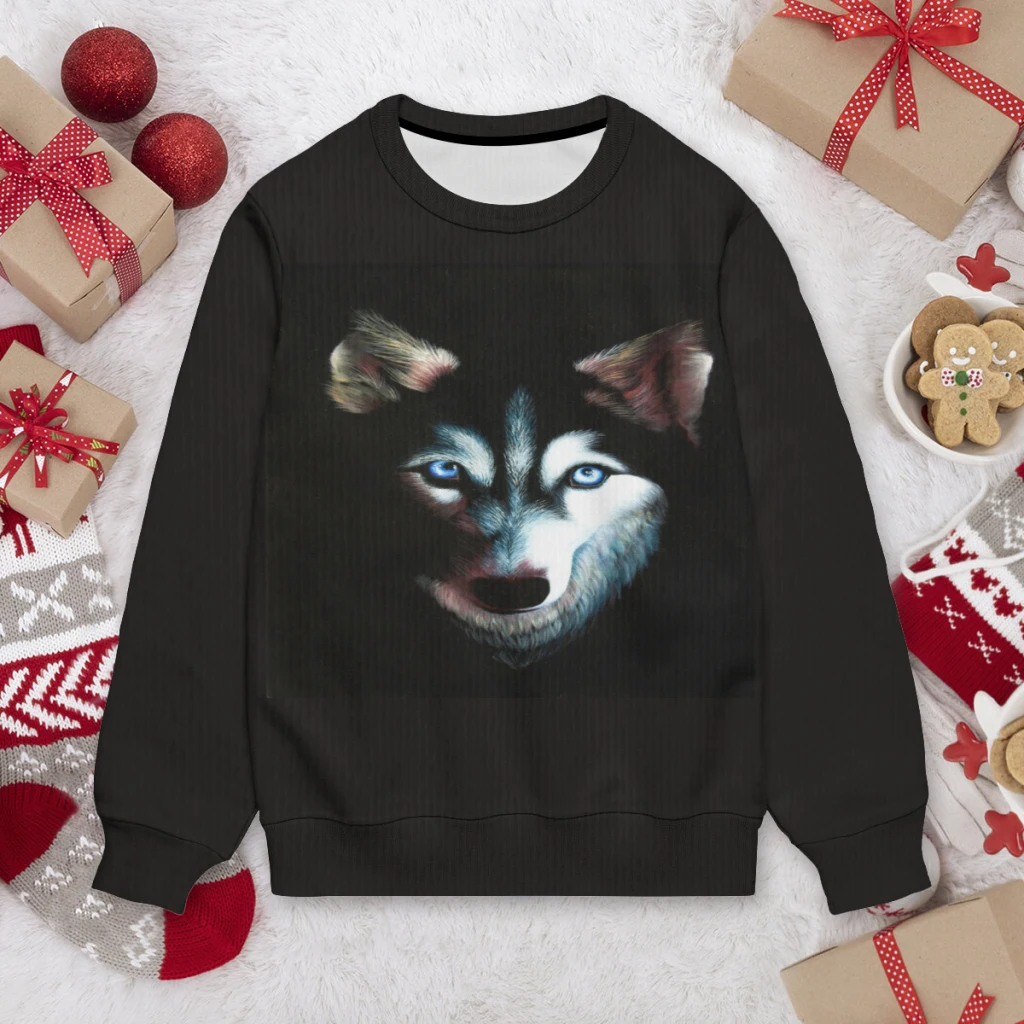 Husky asli di anjing beludru hitam dengan sweter Slouchy mata biru