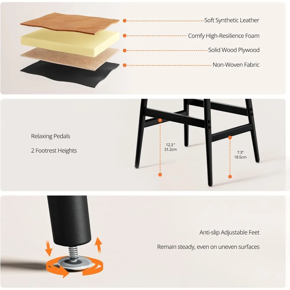 30" Barhocker in Thekenhöhe (2er-Set): Modernes PU-Leder, Rattan-Rückenlehne, breiter Sitz