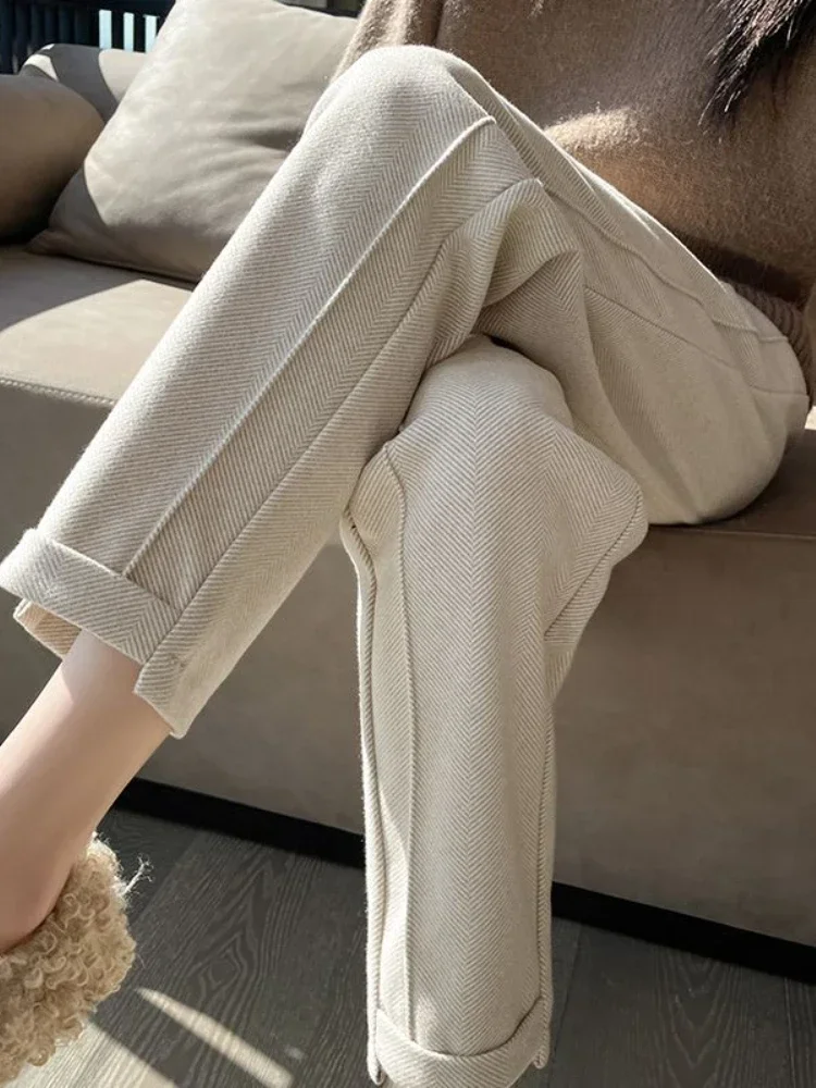 

High-waisted Tweed Straight 2024 Autumn/Winter New Women' S Pants Loose Casual Herringbone Warm Thickened Cropped Pants