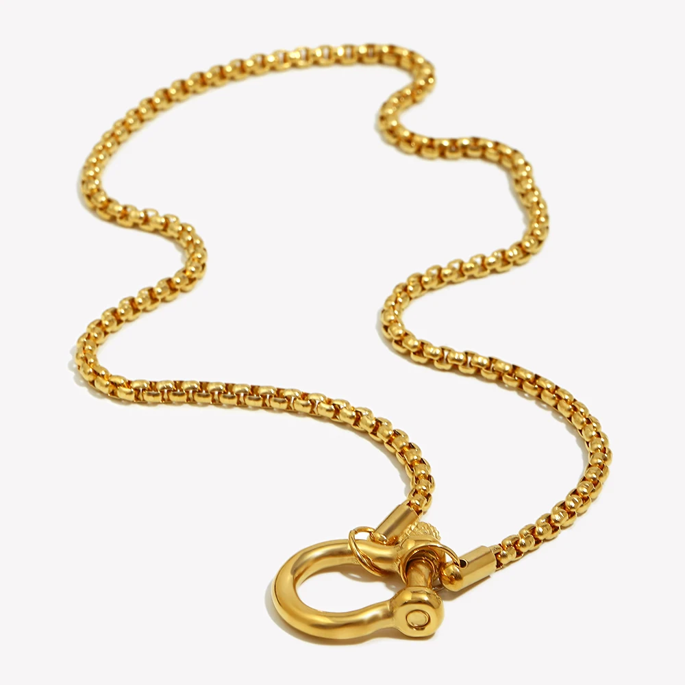 E.B.belle Buckle Pendant Necklace Square Pearl Chain 18k Gold Plated Stainless Steel For Women Men Jewelry Charm Tarnish Free