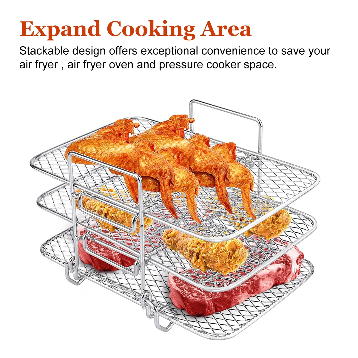 Tre friggrici ad aria impilabili Cestello in acciaio inossidabile Vassoio Rack Forni Rack Accessori per friggrice ad aria Gadget da cucina Strumenti di cottura  15