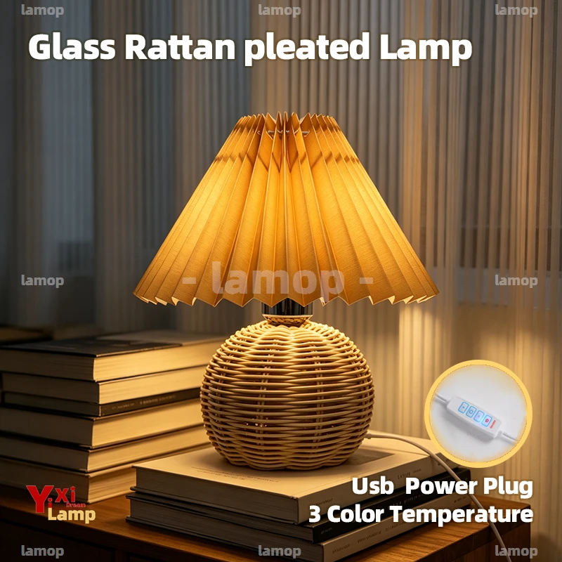 Pleated Fabric Shade Rattan Table Lamp Even Light Output Cottage Style Light For Side Table Dorm Household Display