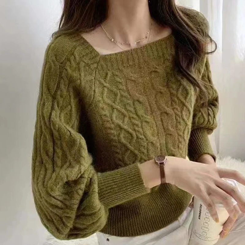 Women Square Neck Thicken Rib Sweaters Lantern Sleeve Loose Office Knit Pullovers Women Fall Winter Casual Solid Warm Sweaters