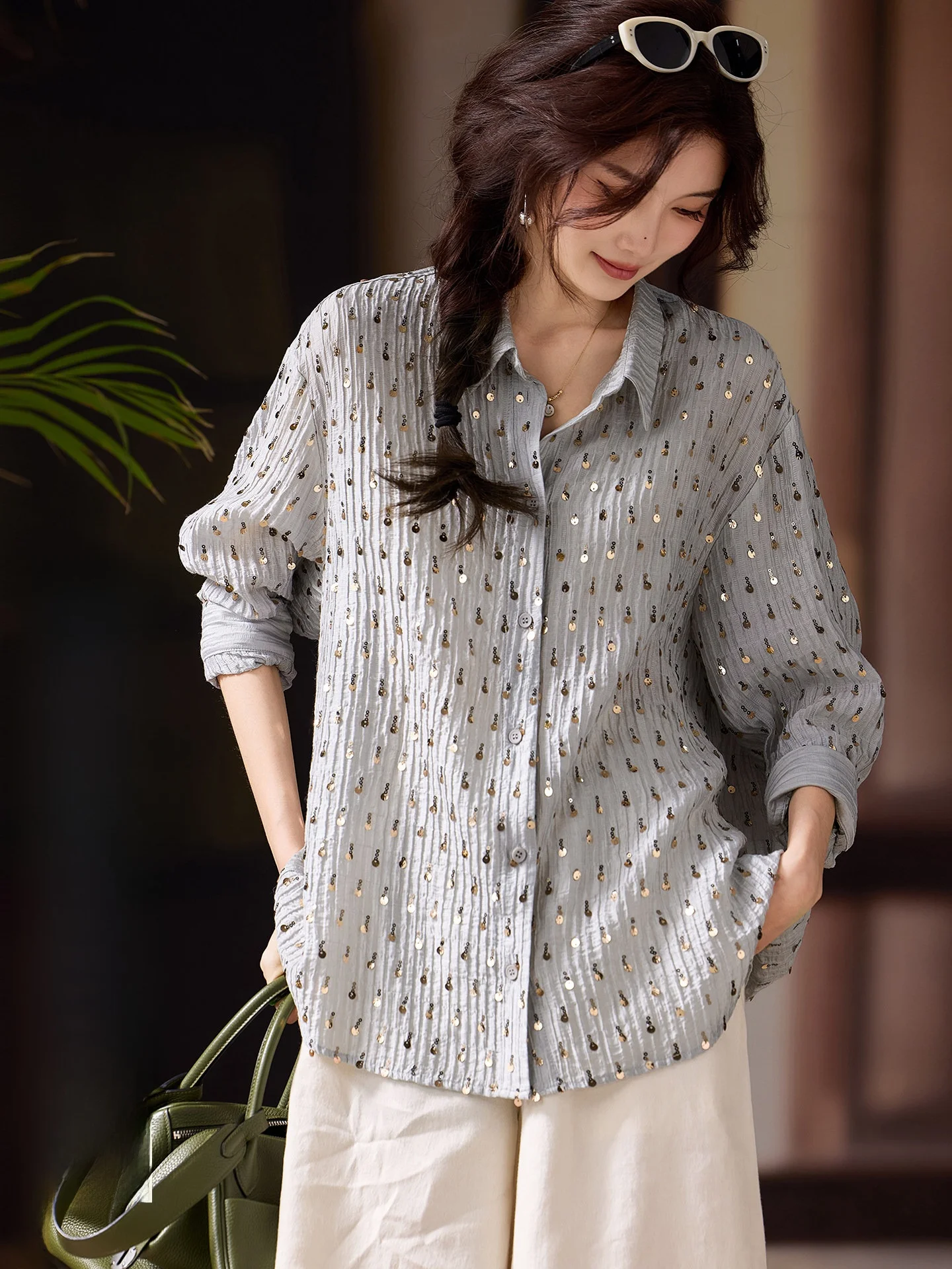 

Элегантная женская рубашка с длинным рукавом, текстурированная, с бисерной отделкой, свободного кроя, комфортная, дышащая, в уличном стиле, весенние новинки, большие размеры
