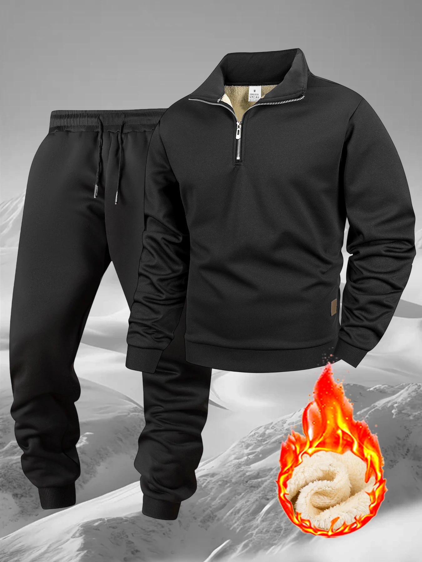 Cold Weather Mens Thick Sherpa Lined Matching Outfit Quarter Zip Mock Neck Long Sleeve Pullover Sweatpants Small Leather TagWarm