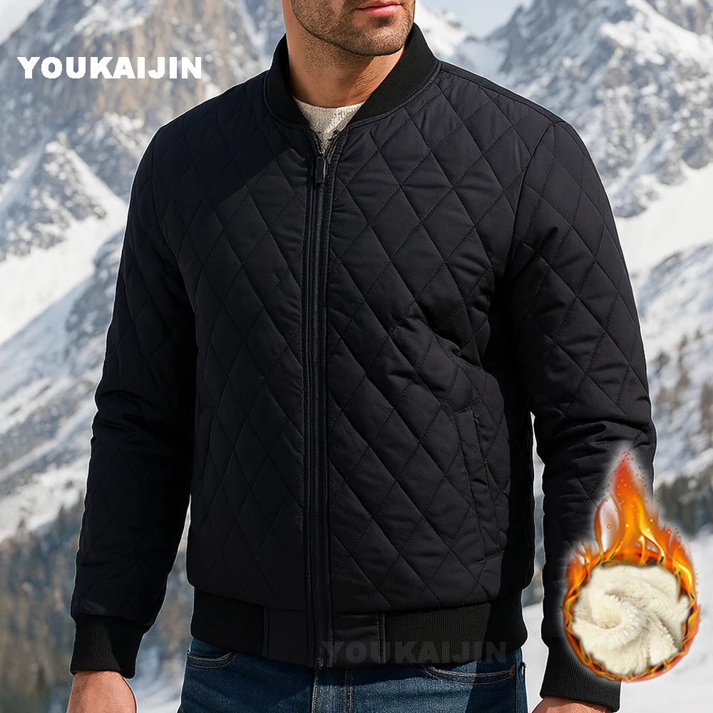 

Autumn Winter Men's Stand Collar Diamond Quilted Jacket Fleece Lined Thermal Padded Jackets Winter Full Zipper Bomber Outwear