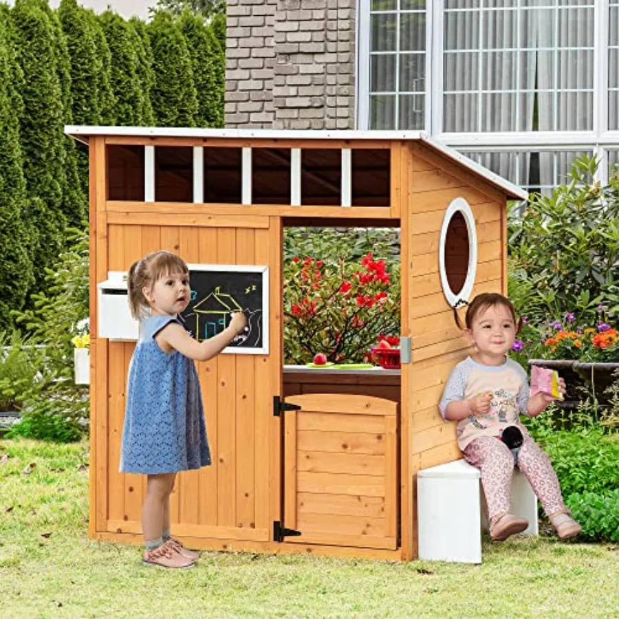 Outdoor wooden playhouse for kids with working door, yellow finish, featuring windows, mailbox, bench, and flower pot holder