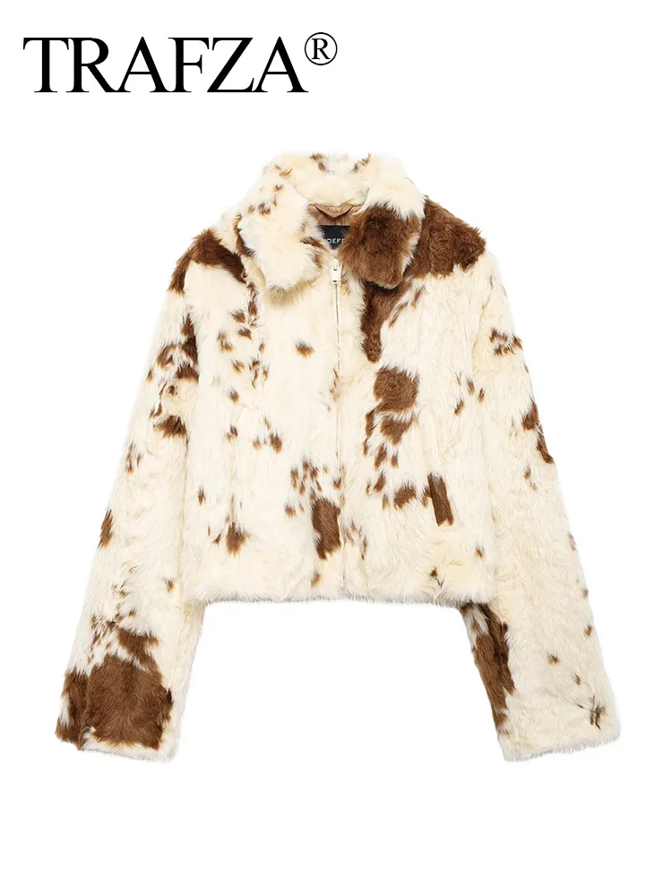 TRAFZA Women Casual Faux Fur Lapel Jacket Fashion Cow Print Autumn Winter Crop Zipper Coat Female Long Sleeve Fluffy Outwear