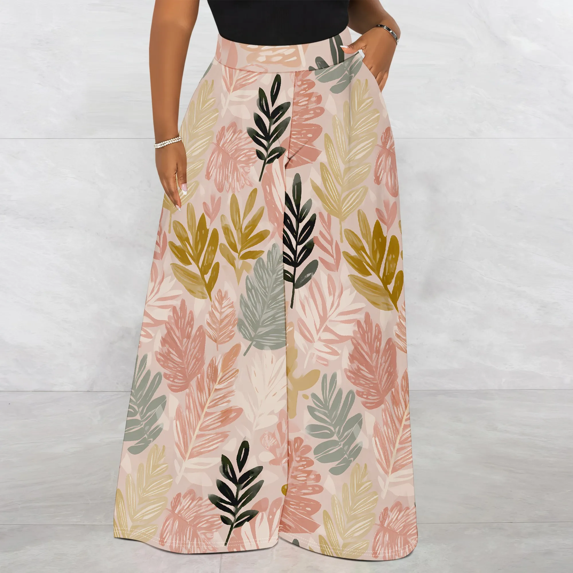 Botanical Print Wide Leg Pants, Leaf Pattern Trousers, High Waist Palazzo Pants, Casual Beach Wear for Women, S-3XL