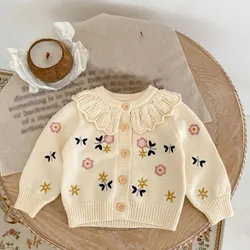 Spring Children Girls Cardigan Flower Embroidery Ruffle Collar Knitted Top Long Sleeve Coat Kids Clothes