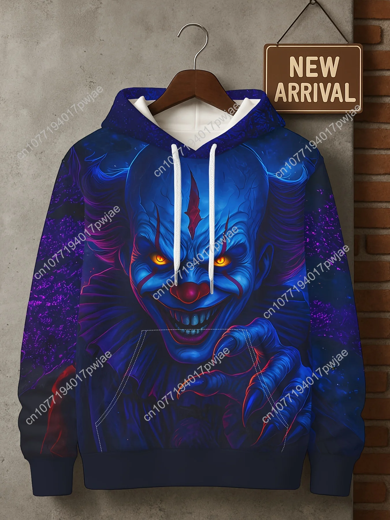 Hoodie Grafis Badut 3D Pria - Cetakan Hidup Menyeramkan, Kain Lembut, Pullover Lengan Panjang Regular Fit untuk Pakaian Kasual & Horor