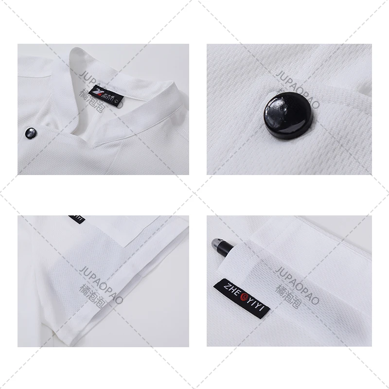 Jaqueta de Cozinha Masculina Ocidental Restaurante Cor Sólida, Uniforme de Cozinheiro Feminino, Verão, Respirável 360 °, Preto e Branco, Chef Outfit, Hotel