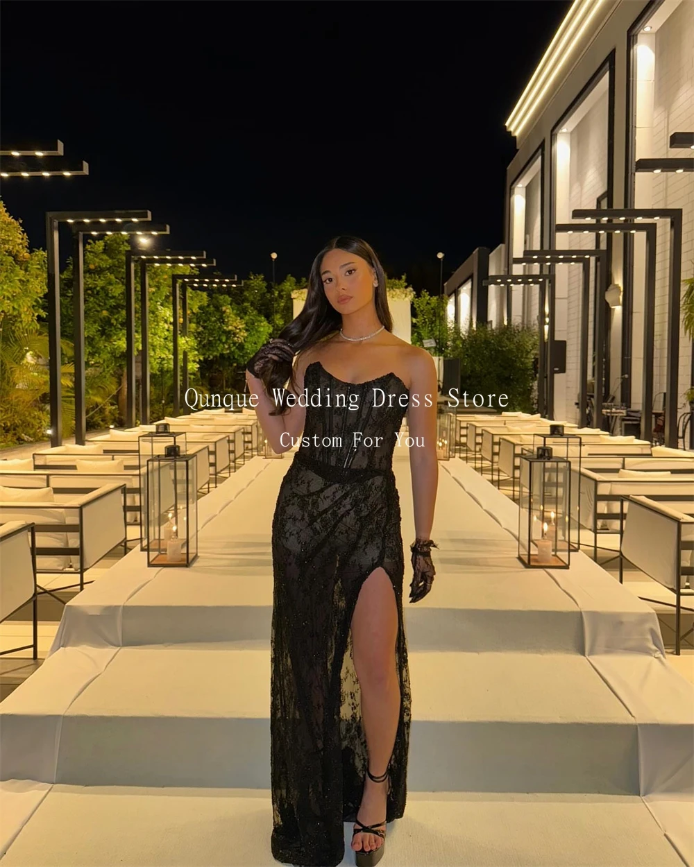 Qunque Black Lace Strapless Prom Dresses Sexy Split See Through Mermaid Birthday Dress Luxury Gala Vestidos De Festa Customized