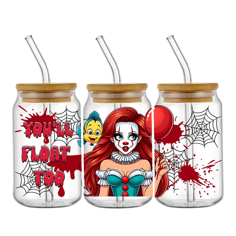 Cute Cartoon Halloween Jasmine Girl 16OZ UV DTF Cup Wrap Transfer Sticker Custom Label DIY Waterproof Logo For Libbey Glass Can