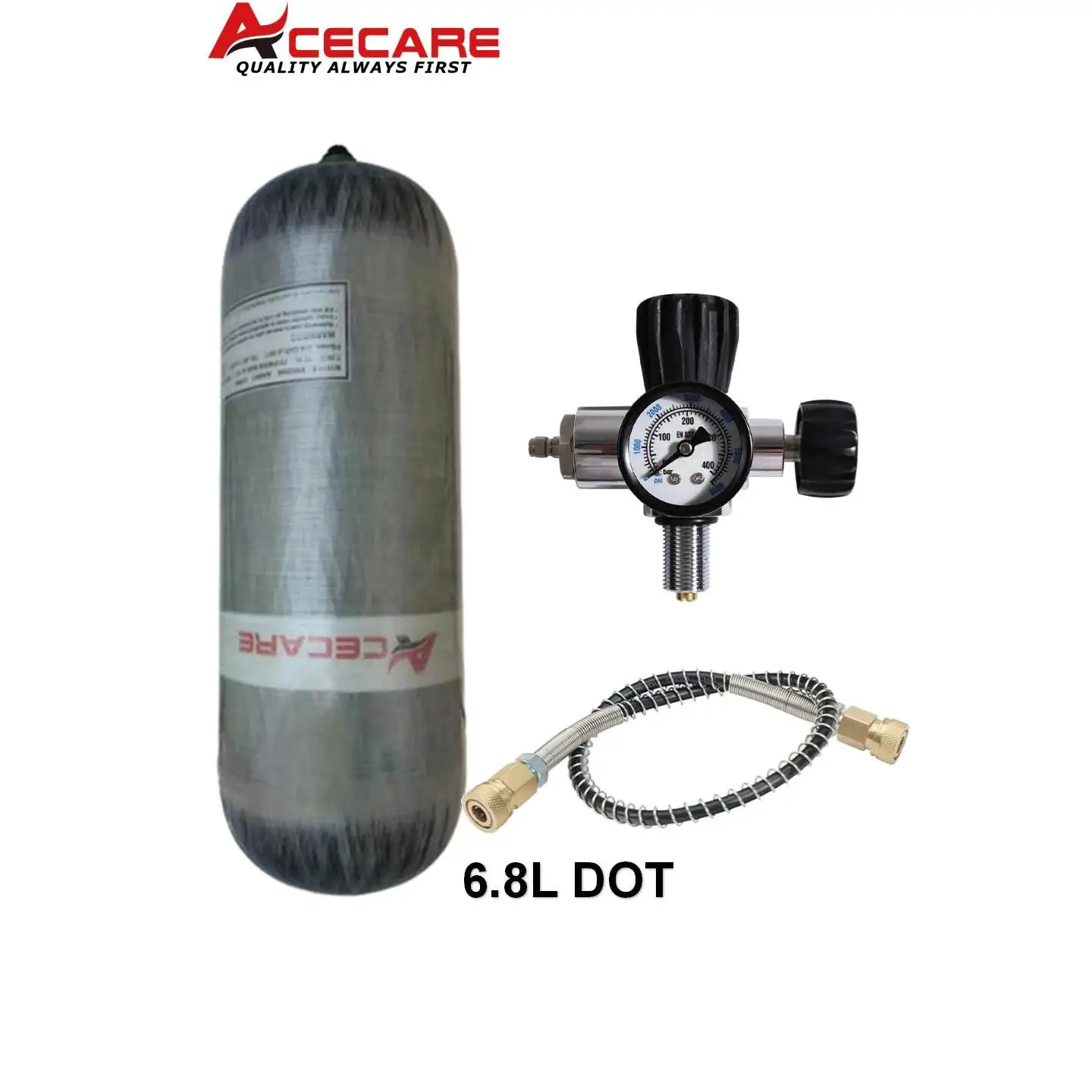 ACECARE DOT certified 6.8L 30MPA High Pressure Air Tank SCUBA Diving Carbon Fiber Air Cylinder Dual Regulator Valve M18*1.5