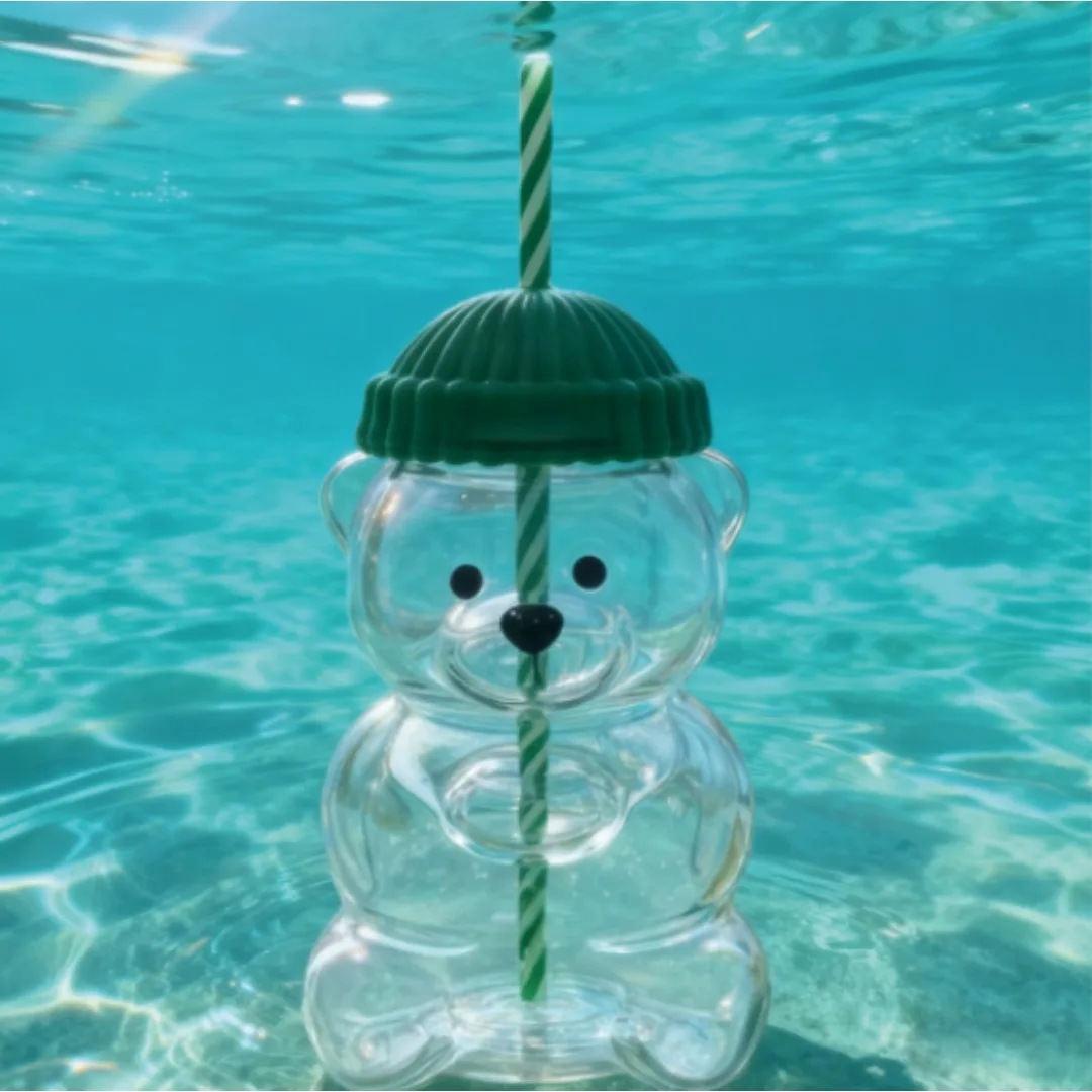 

500ML Green Coffee Shop Style Cute Bear Glass Cup with Straw Large Capacity Transparent Drinkware