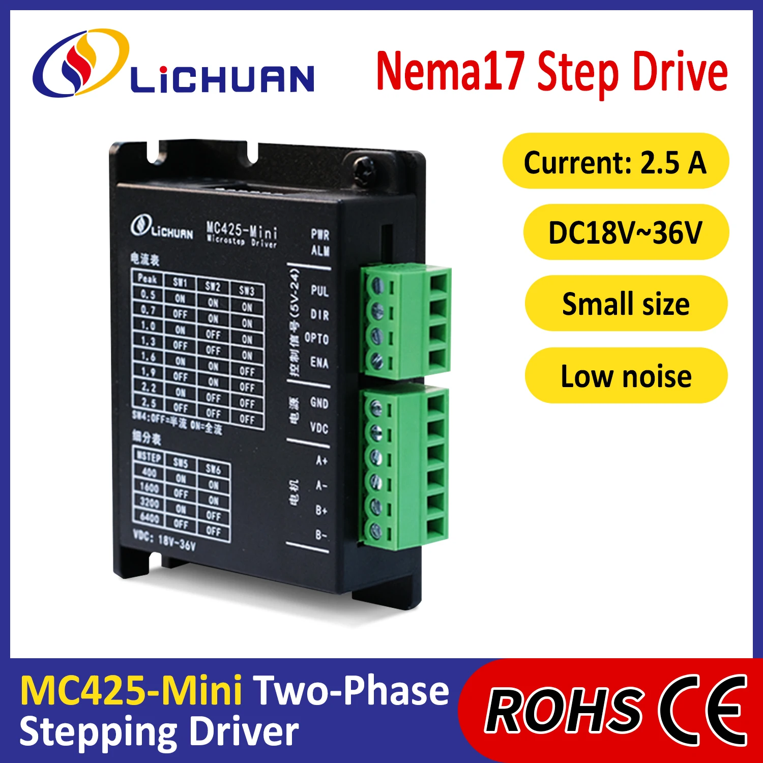 Lichuan DC18V～36V 2.5A 400～6400ppr 60～480rpm Stepper Driver 2 Phase Nema17 DC Open Loop Stepper Motors Drivers for 3D Printer