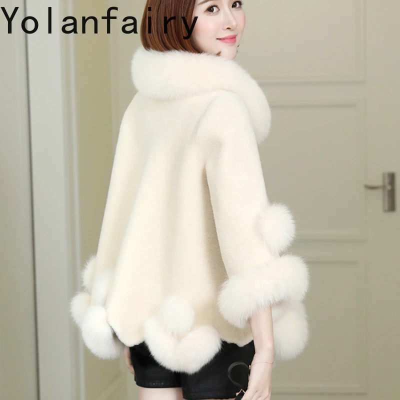 YOLANFAIRY Real Wool Clothes for Women Fur Outwears Womens Korean Fashion Winter Shearling Coat Short Fox Collar Coats New